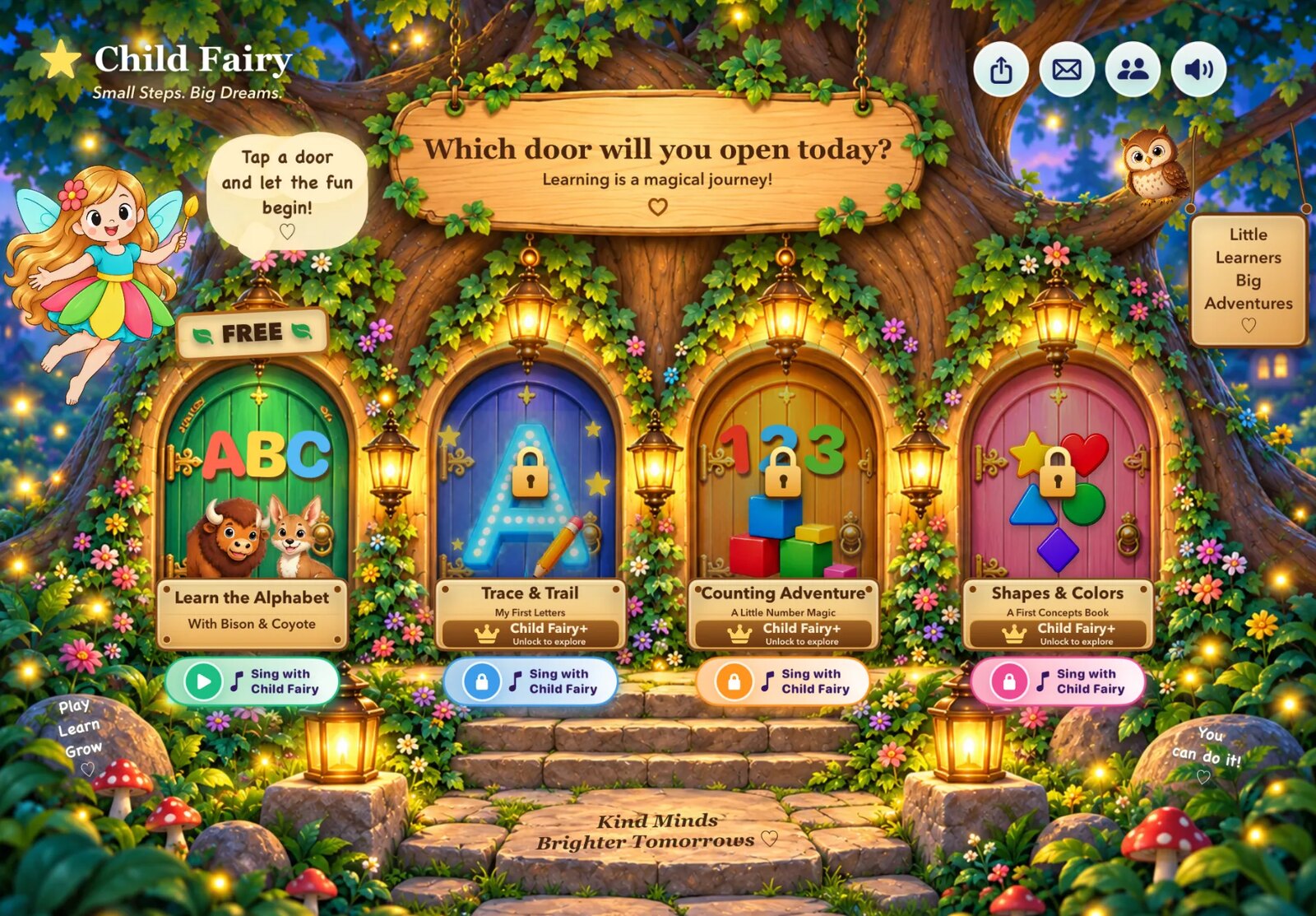 The Child Fairy iPad app home screen: an enchanted tree with four doors — Learn the Alphabet, Trace and Trail, Counting Adventure and Shapes and Colors — plus the Child Fairy, an owl and a magical sign.
